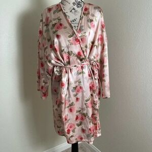 Jaclyn Smith Pink Floral Rose Satin Robe Long Sleeve Belted Wrap Kimono Large